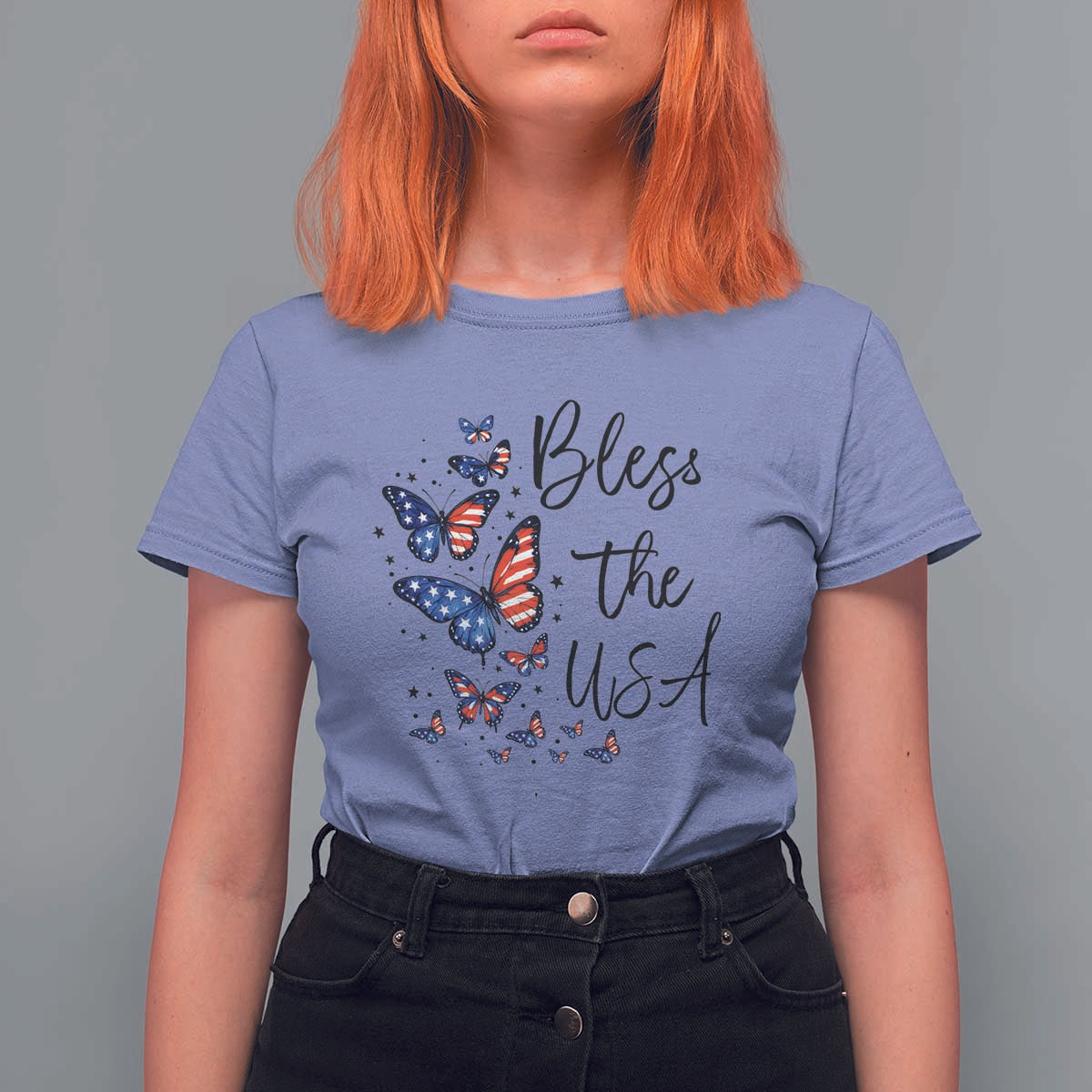 Bless The USA 4th of July T Shirt For Women Patriotic American Flag Butterfly Independence Day