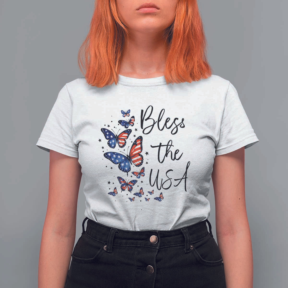 Bless The USA 4th of July T Shirt For Women Patriotic American Flag Butterfly Independence Day
