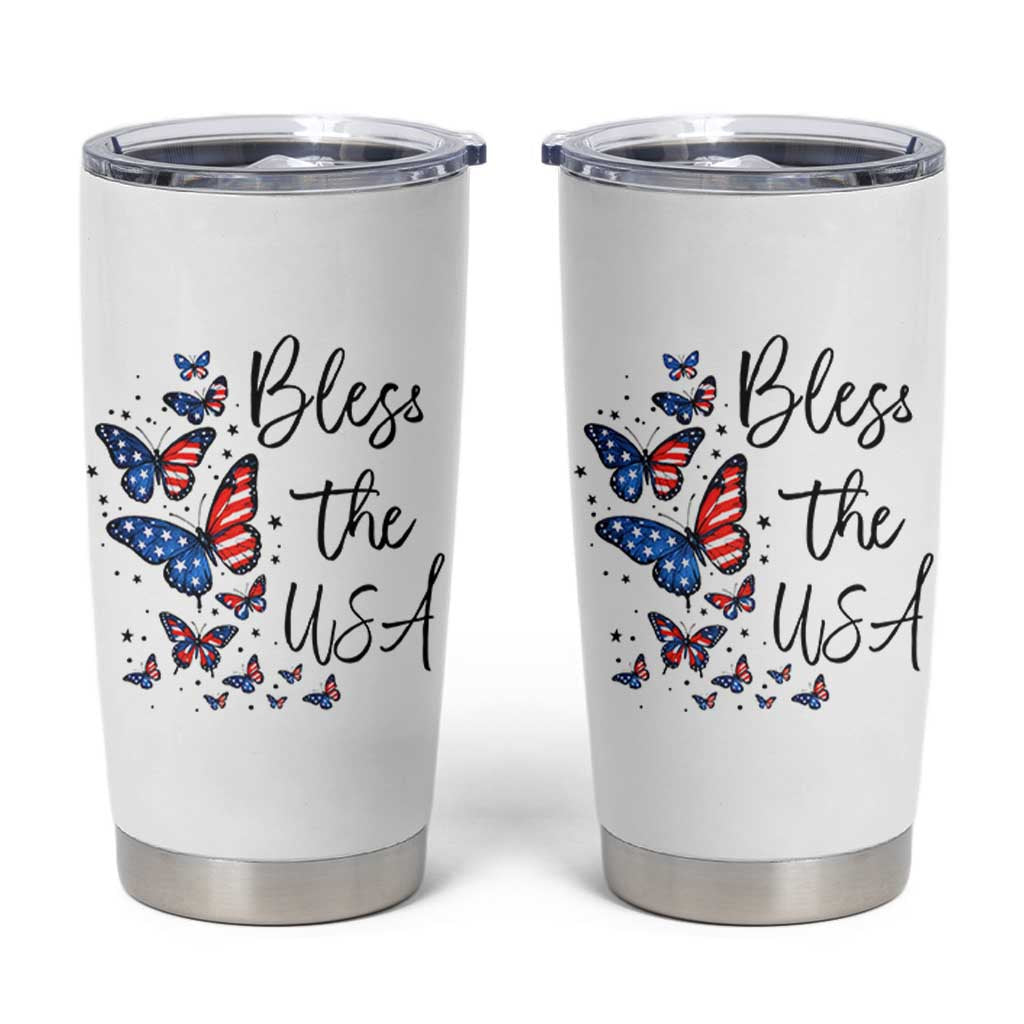 Bless The USA 4th of July Tumbler Cup Patriotic American Flag Butterfly Independence Day