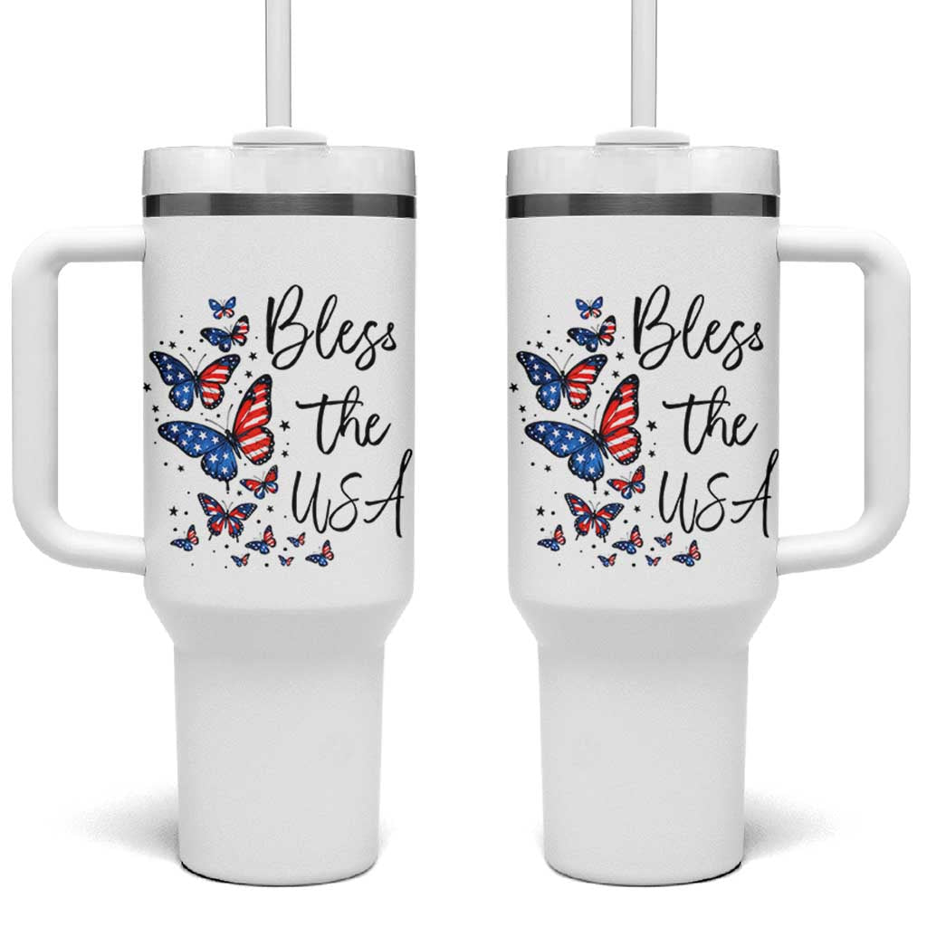 Bless The USA 4th of July Tumbler With Handle Patriotic American Flag Butterfly Independence Day
