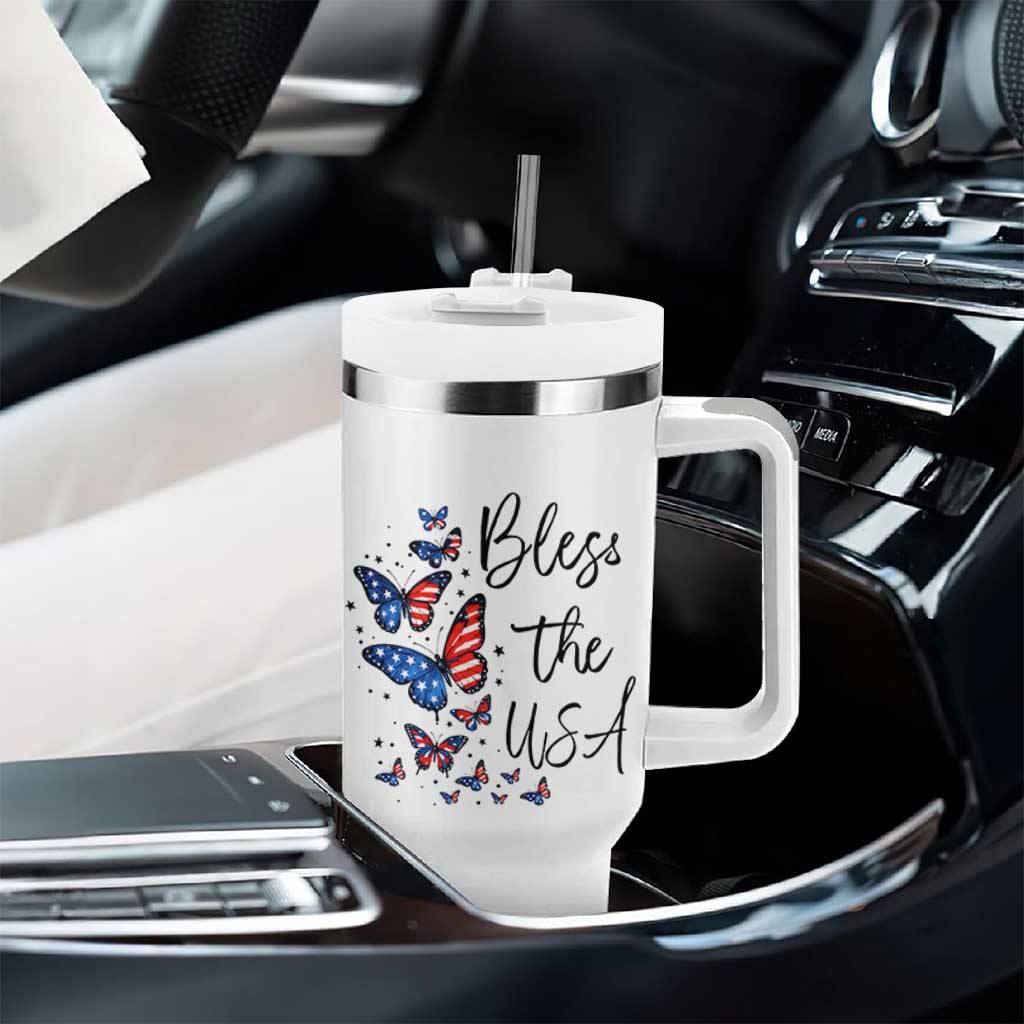 Bless The USA 4th of July Tumbler With Handle Patriotic American Flag Butterfly Independence Day