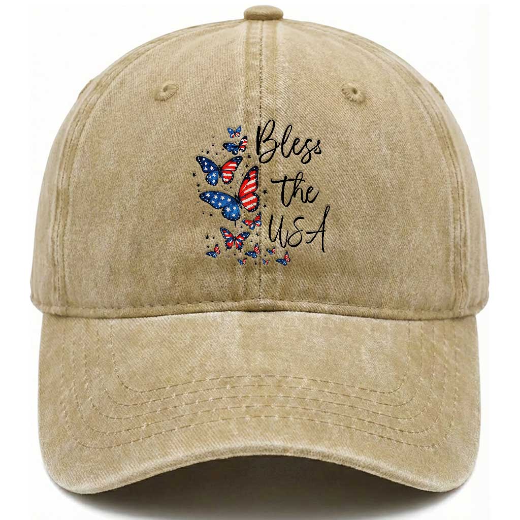 Bless The USA 4th of July Washed Cotton Baseball Cap Patriotic American Flag Butterfly Independence Day