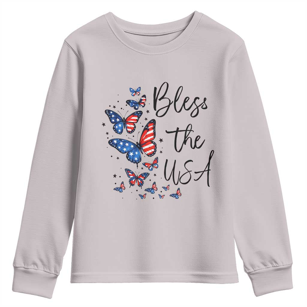 Bless The USA 4th of July Youth Sweatshirt Patriotic American Flag Butterfly Independence Day