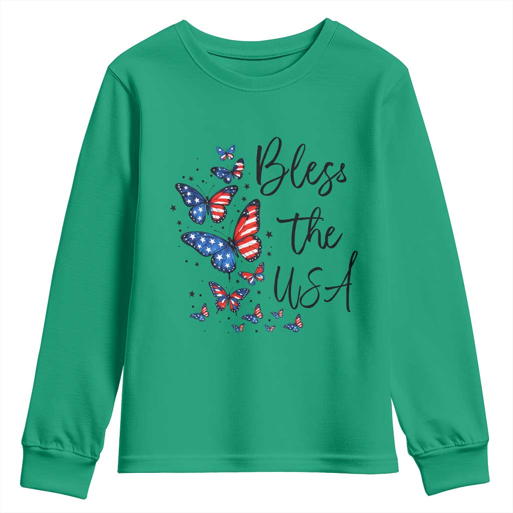 Bless The USA 4th of July Youth Sweatshirt Patriotic American Flag Butterfly Independence Day