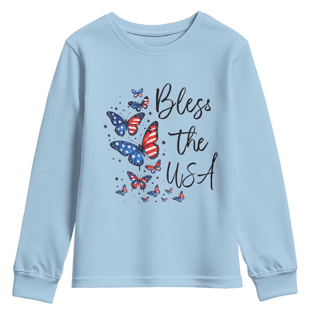 Bless The USA 4th of July Youth Sweatshirt Patriotic American Flag Butterfly Independence Day