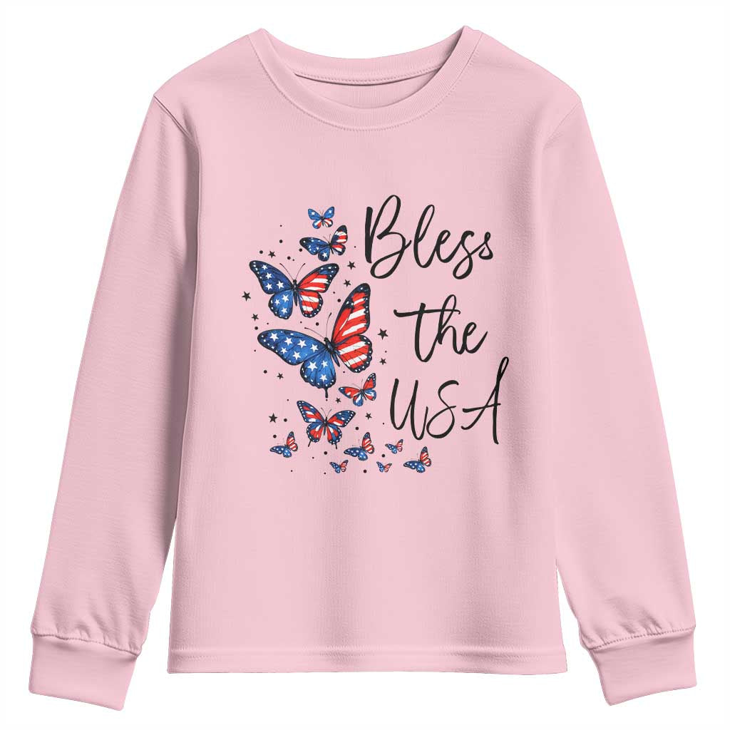 Bless The USA 4th of July Youth Sweatshirt Patriotic American Flag Butterfly Independence Day