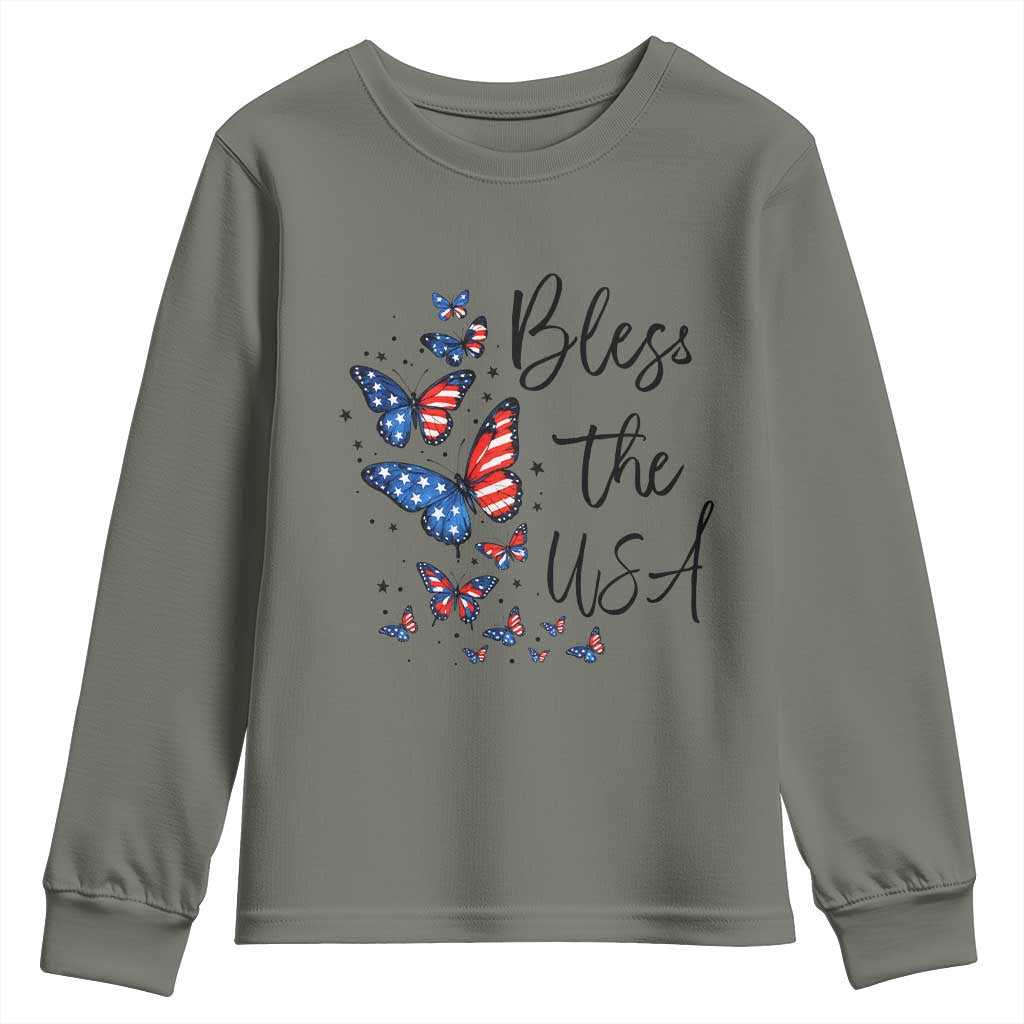 Bless The USA 4th of July Youth Sweatshirt Patriotic American Flag Butterfly Independence Day