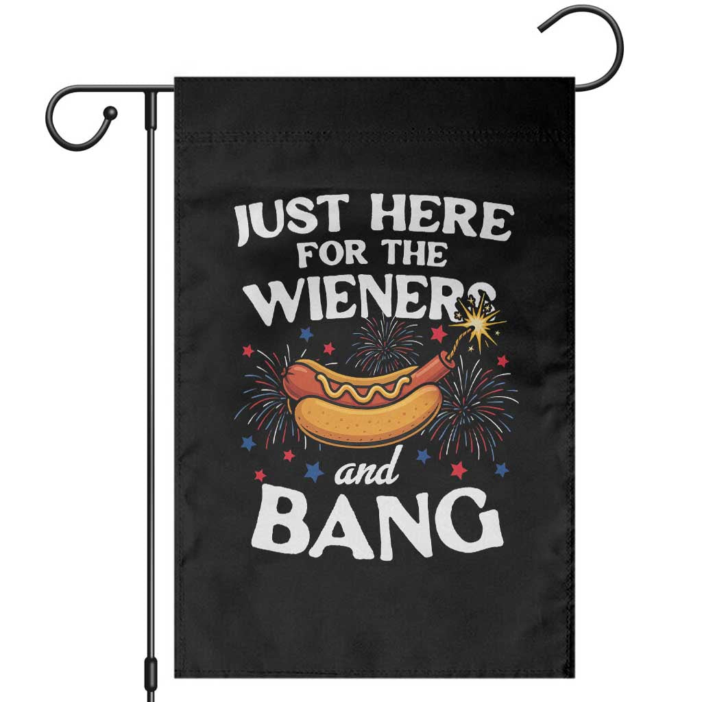Funny Just Here For The Wieners And Bang Garden Flag 4th Of July Hot Dog Lover Fireworks - Wonder Print Shop