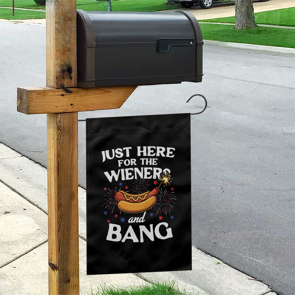 Funny Just Here For The Wieners And Bang Garden Flag 4th Of July Hot Dog Lover Fireworks - Wonder Print Shop