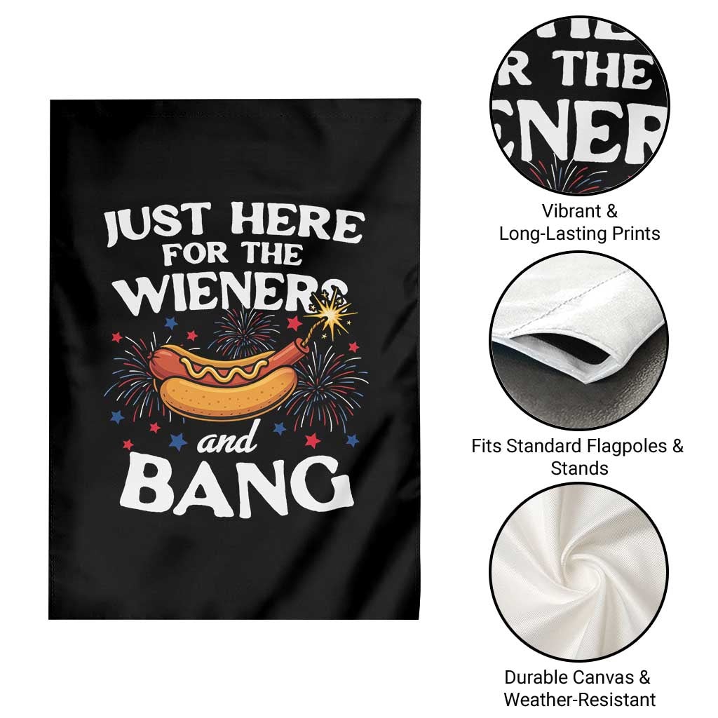 Funny Just Here For The Wieners And Bang Garden Flag 4th Of July Hot Dog Lover Fireworks - Wonder Print Shop