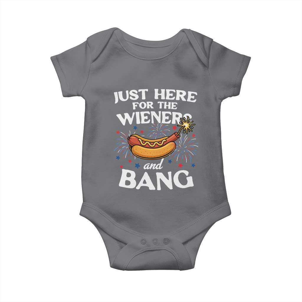 Funny Just Here For The Wieners And Bang Baby Onesie 4th Of July Hot Dog Lover Fireworks - Wonder Print Shop