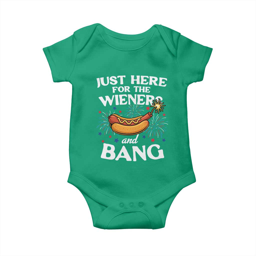 Funny Just Here For The Wieners And Bang Baby Onesie 4th Of July Hot Dog Lover Fireworks - Wonder Print Shop