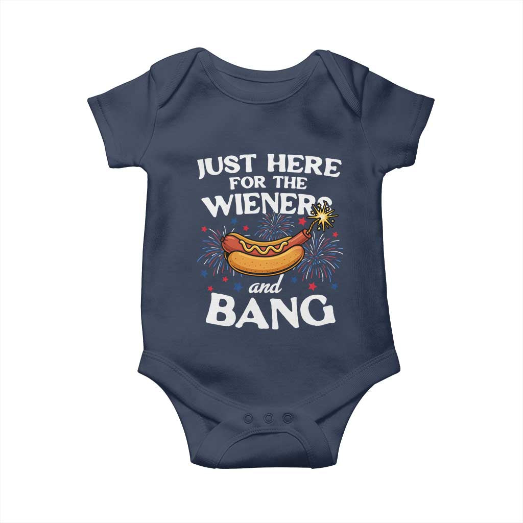 Funny Just Here For The Wieners And Bang Baby Onesie 4th Of July Hot Dog Lover Fireworks - Wonder Print Shop
