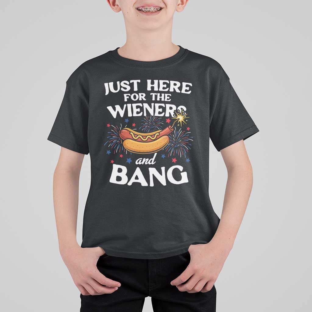 Funny Just Here For The Wieners And Bang T Shirt For Kid 4th Of July Hot Dog Lover Fireworks - Wonder Print Shop