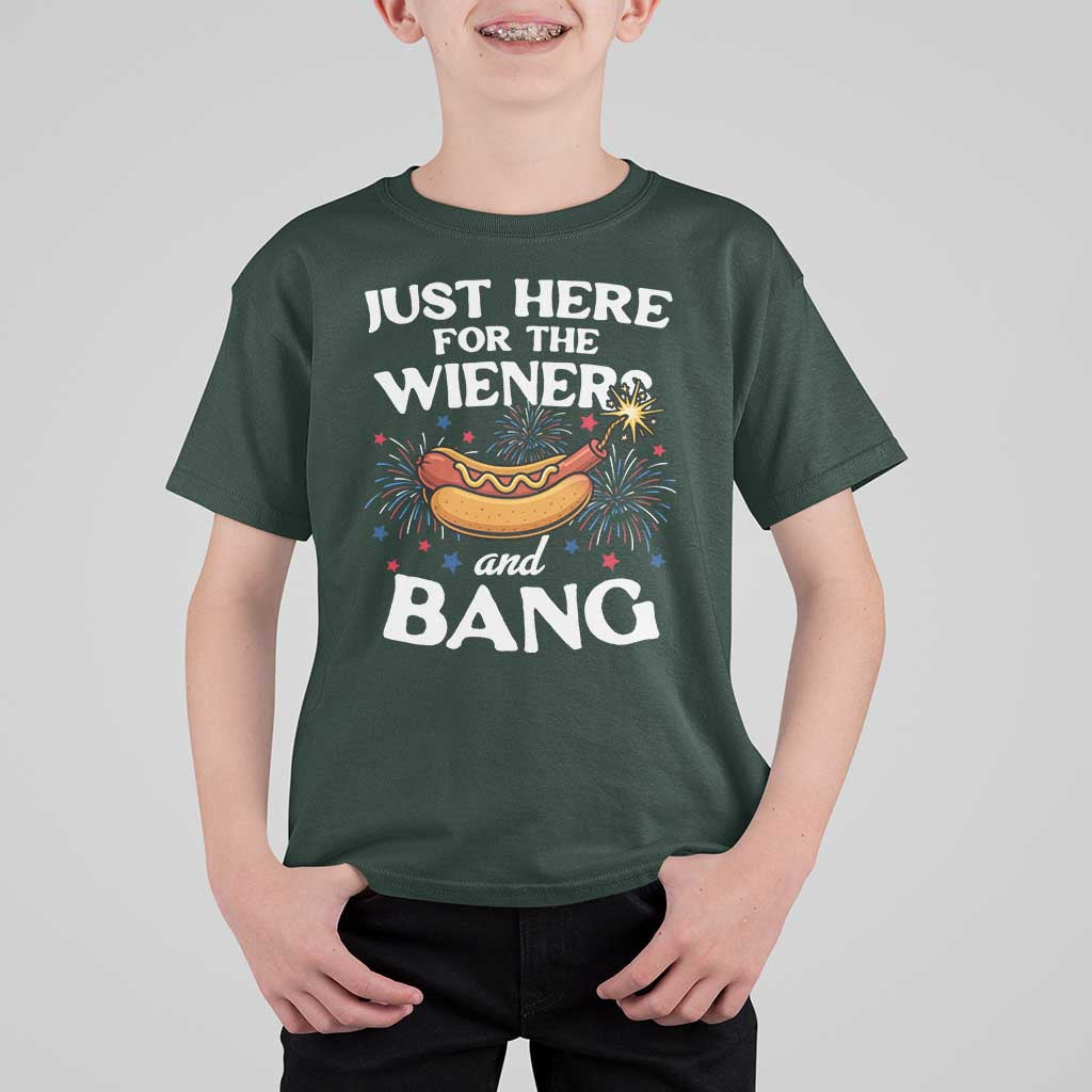 Funny Just Here For The Wieners And Bang T Shirt For Kid 4th Of July Hot Dog Lover Fireworks - Wonder Print Shop