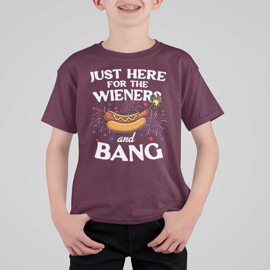 Funny Just Here For The Wieners And Bang T Shirt For Kid 4th Of July Hot Dog Lover Fireworks - Wonder Print Shop