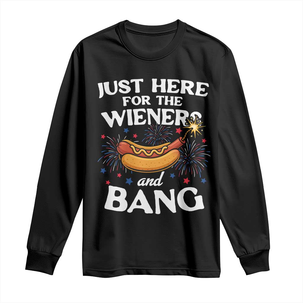 Funny Just Here For The Wieners And Bang Long Sleeve Shirt 4th Of July Hot Dog Lover Fireworks - Wonder Print Shop