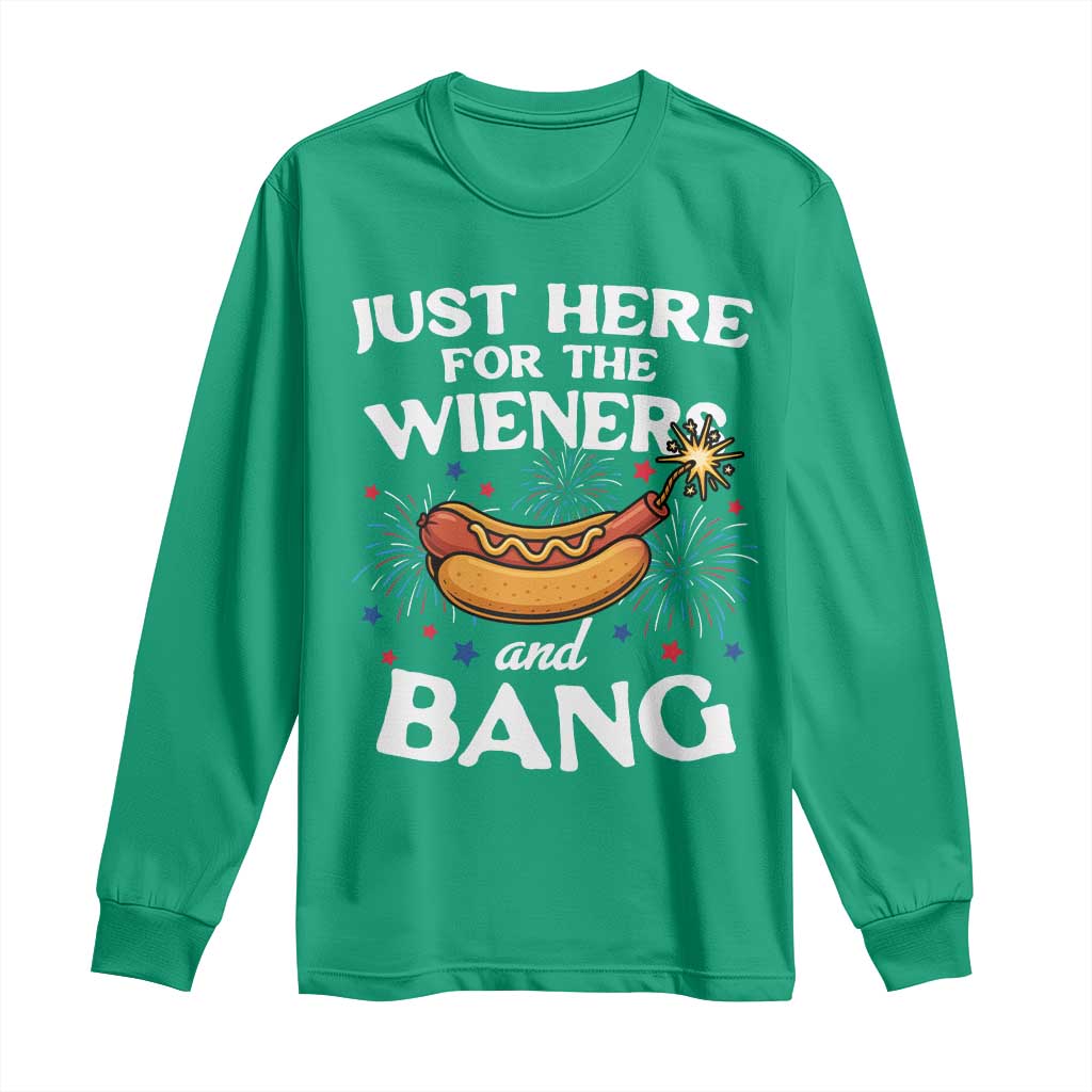 Funny Just Here For The Wieners And Bang Long Sleeve Shirt 4th Of July Hot Dog Lover Fireworks - Wonder Print Shop