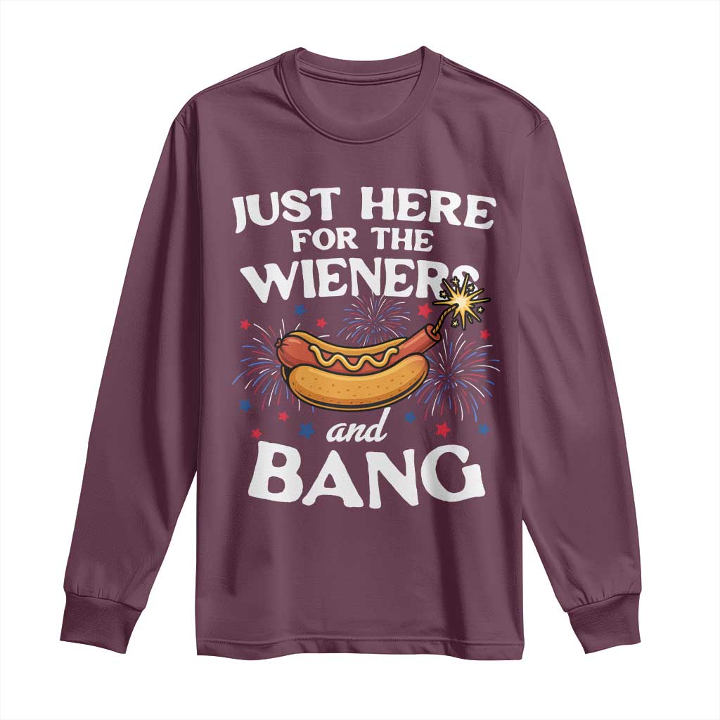 Funny Just Here For The Wieners And Bang Long Sleeve Shirt 4th Of July Hot Dog Lover Fireworks - Wonder Print Shop