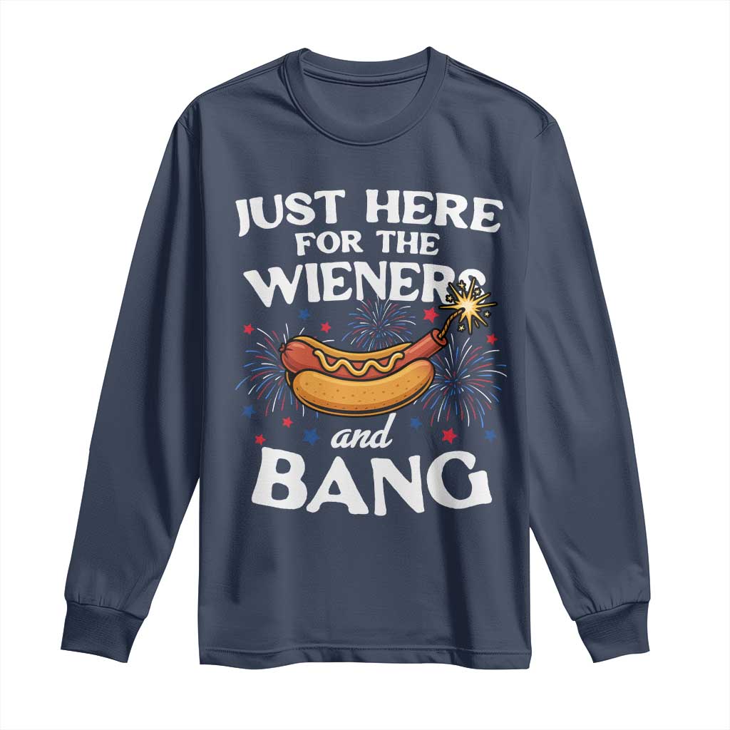 Funny Just Here For The Wieners And Bang Long Sleeve Shirt 4th Of July Hot Dog Lover Fireworks - Wonder Print Shop
