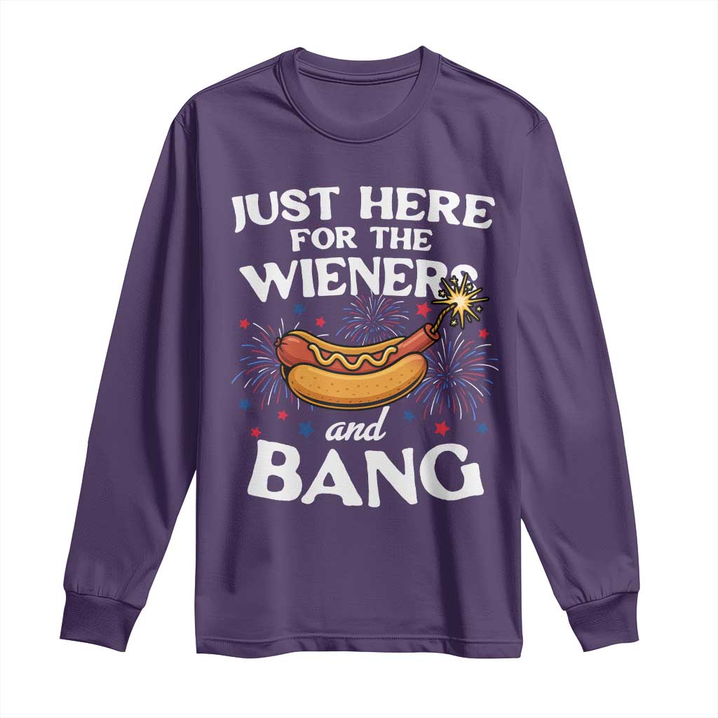 Funny Just Here For The Wieners And Bang Long Sleeve Shirt 4th Of July Hot Dog Lover Fireworks - Wonder Print Shop