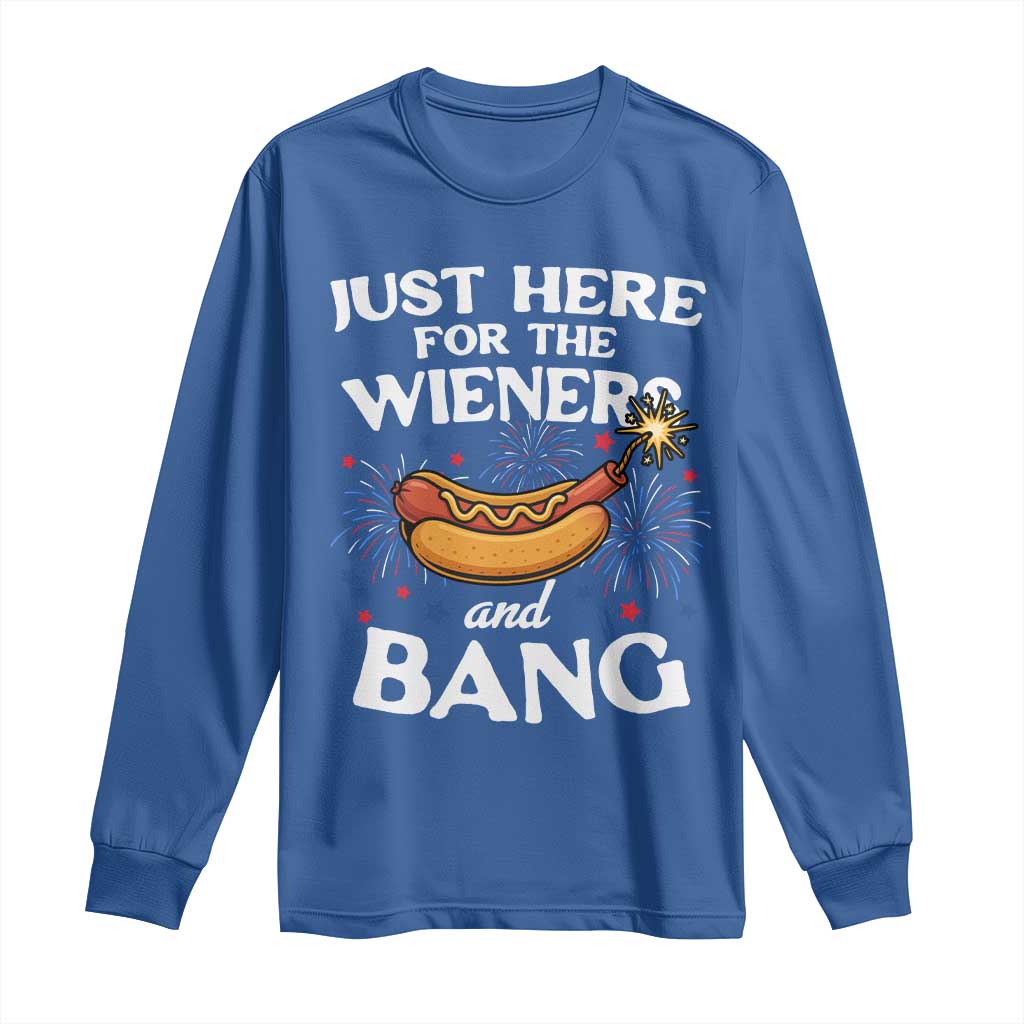 Funny Just Here For The Wieners And Bang Long Sleeve Shirt 4th Of July Hot Dog Lover Fireworks - Wonder Print Shop