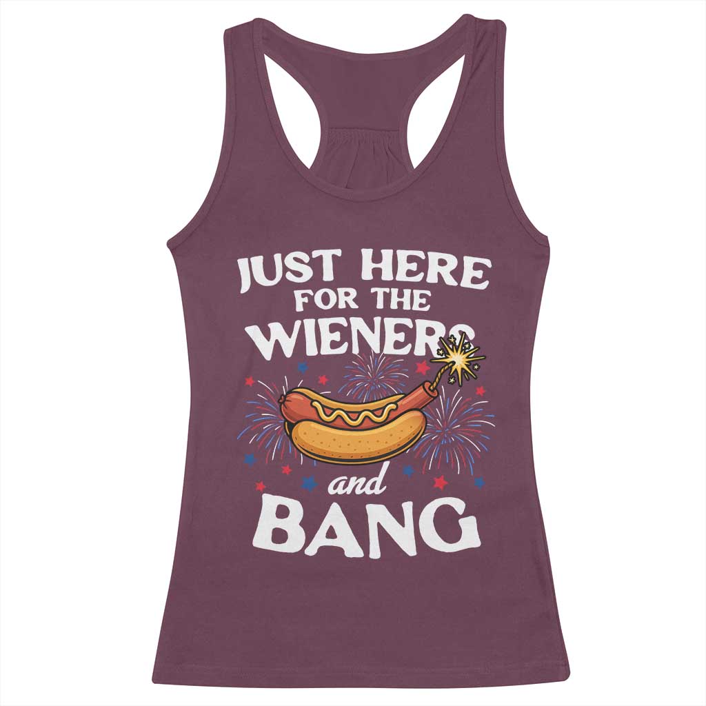 Funny Just Here For The Wieners And Bang Racerback Tank Top 4th Of July Hot Dog Lover Fireworks - Wonder Print Shop