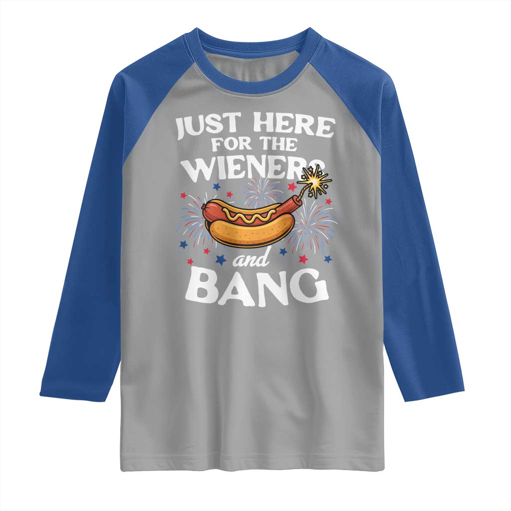 Funny Just Here For The Wieners And Bang Raglan Shirt 4th Of July Hot Dog Lover Fireworks - Wonder Print Shop