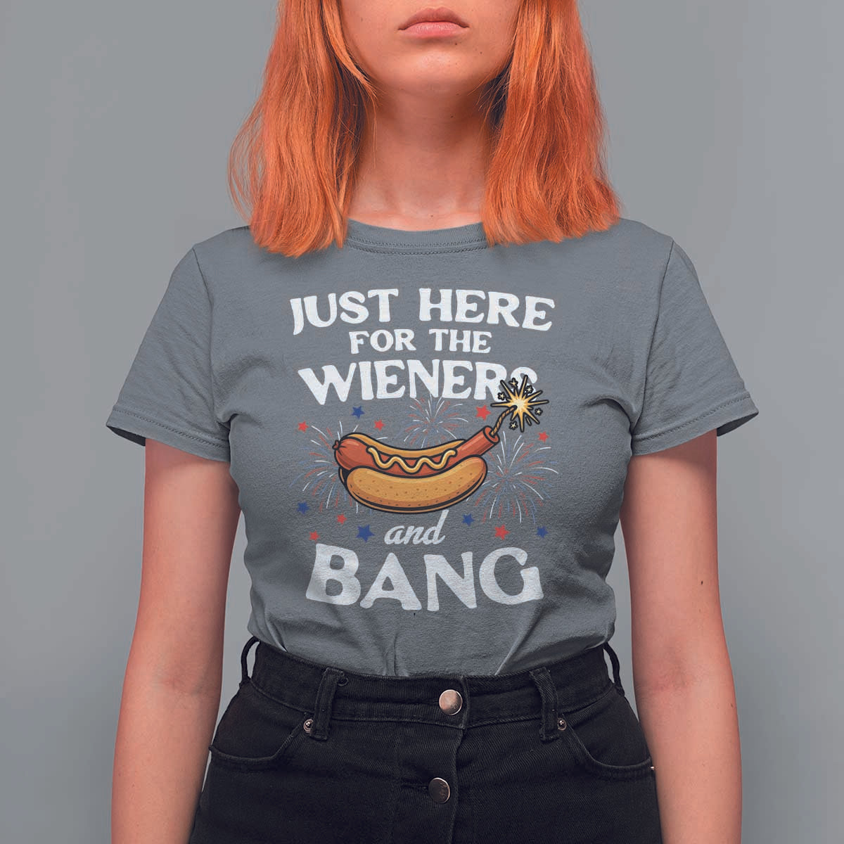 Funny Just Here For The Wieners And Bang T Shirt For Women 4th Of July Hot Dog Lover Fireworks - Wonder Print Shop