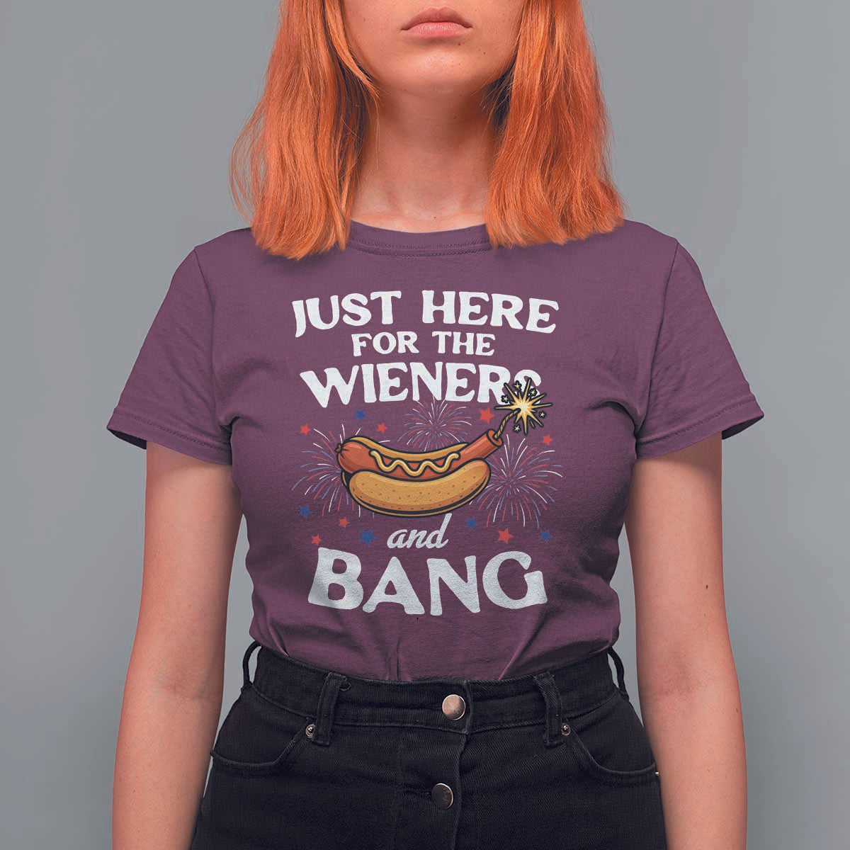 Funny Just Here For The Wieners And Bang T Shirt For Women 4th Of July Hot Dog Lover Fireworks - Wonder Print Shop