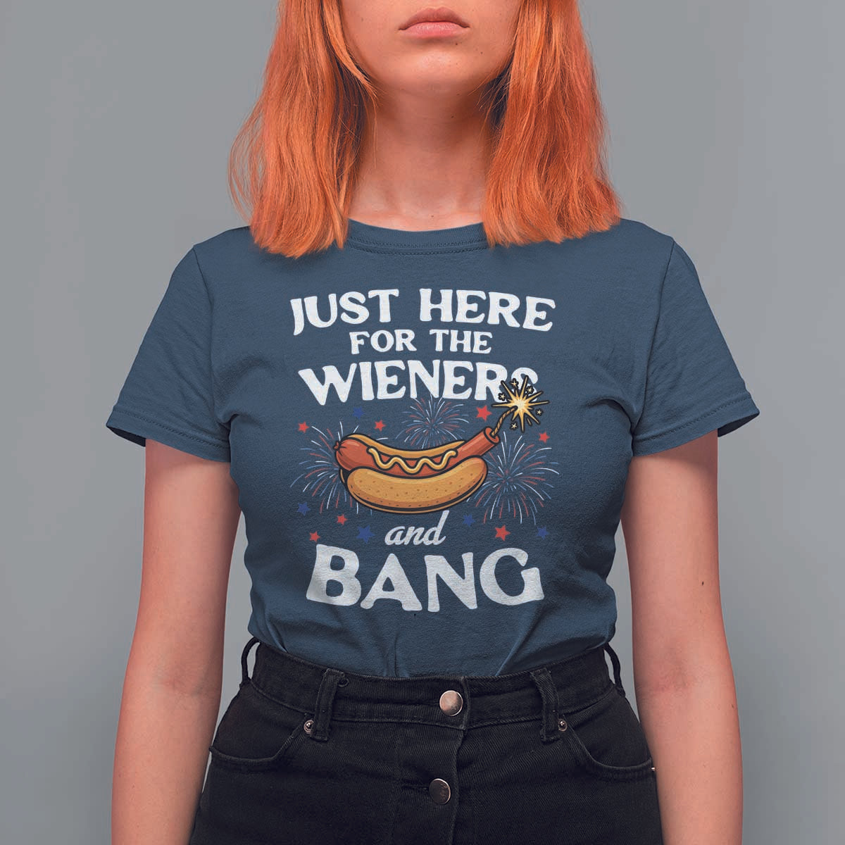 Funny Just Here For The Wieners And Bang T Shirt For Women 4th Of July Hot Dog Lover Fireworks - Wonder Print Shop