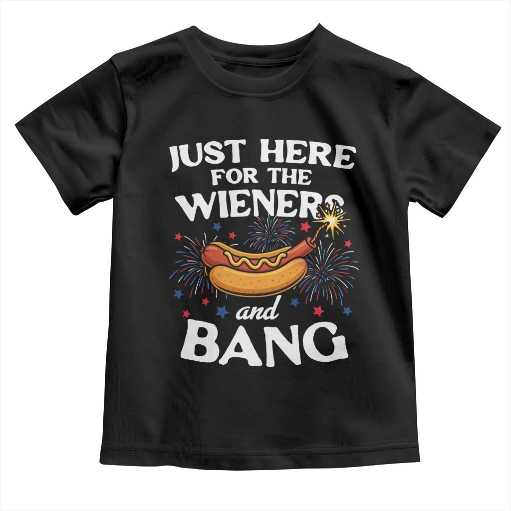 Funny Just Here For The Wieners And Bang Toddler T Shirt 4th Of July Hot Dog Lover Fireworks - Wonder Print Shop