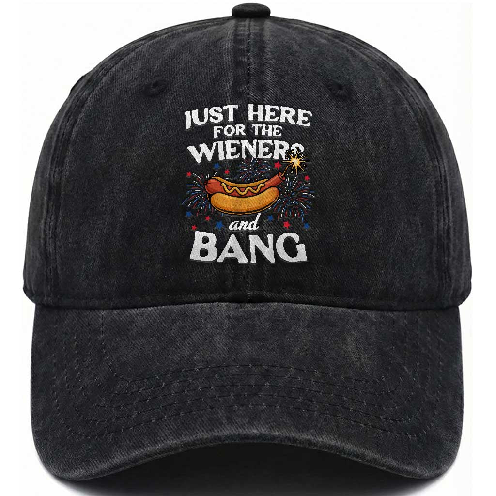 Funny Just Here For The Wieners And Bang Washed Cotton Baseball Cap 4th Of July Hot Dog Lover Fireworks