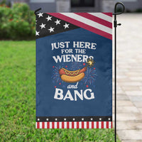 Funny Just Here For The Wieners And Bang Garden Flag 4th Of July Hot Dog Lover Fireworks