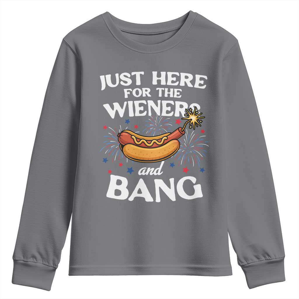 Funny Just Here For The Wieners And Bang Youth Sweatshirt 4th Of July Hot Dog Lover Fireworks - Wonder Print Shop