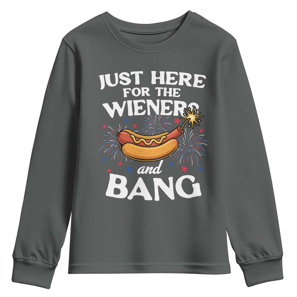 Funny Just Here For The Wieners And Bang Youth Sweatshirt 4th Of July Hot Dog Lover Fireworks - Wonder Print Shop