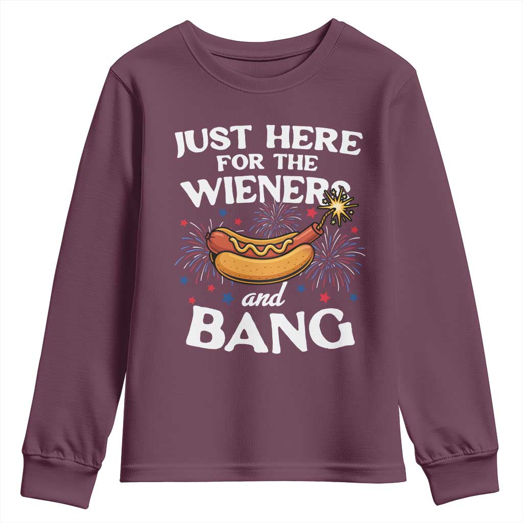 Funny Just Here For The Wieners And Bang Youth Sweatshirt 4th Of July Hot Dog Lover Fireworks - Wonder Print Shop