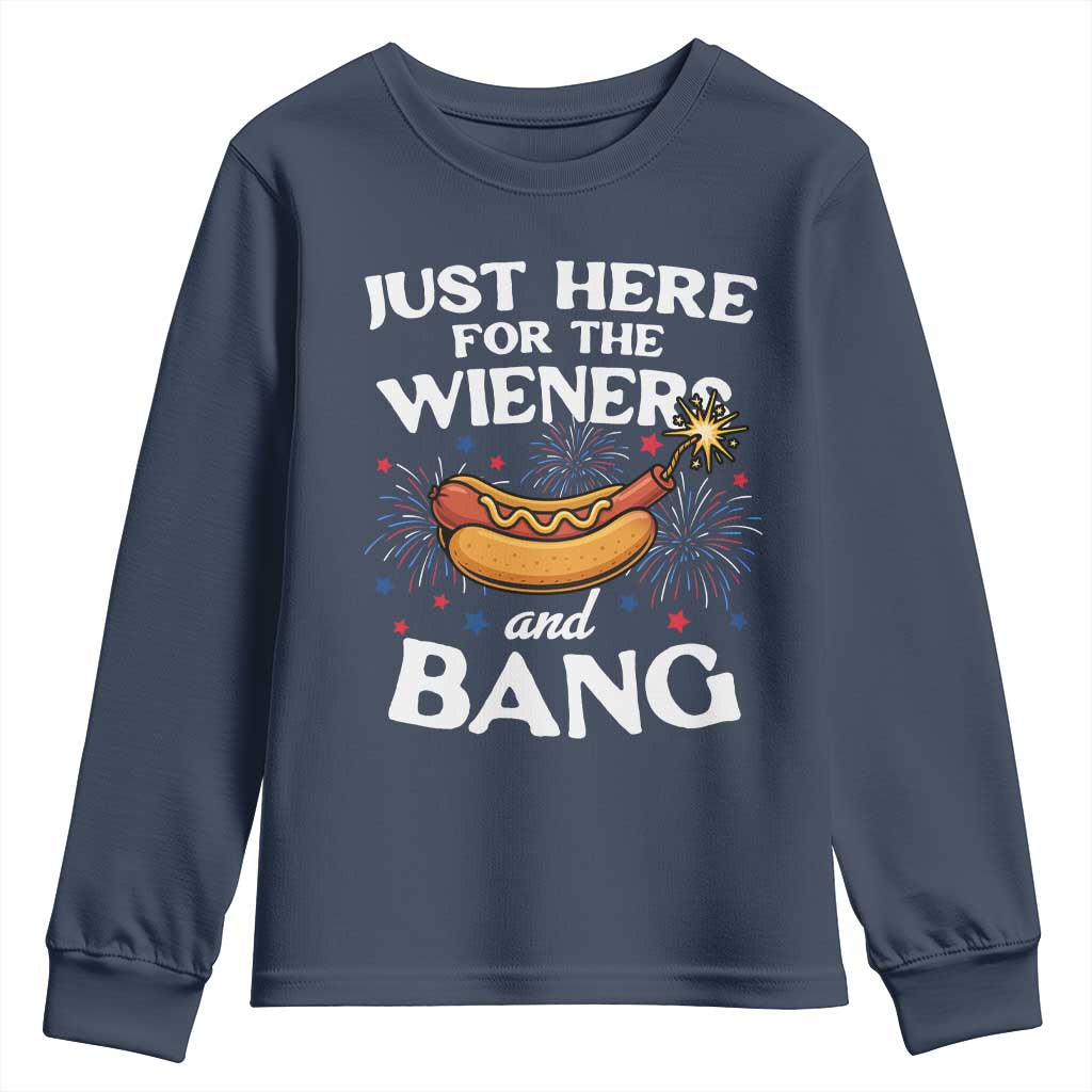 Funny Just Here For The Wieners And Bang Youth Sweatshirt 4th Of July Hot Dog Lover Fireworks - Wonder Print Shop