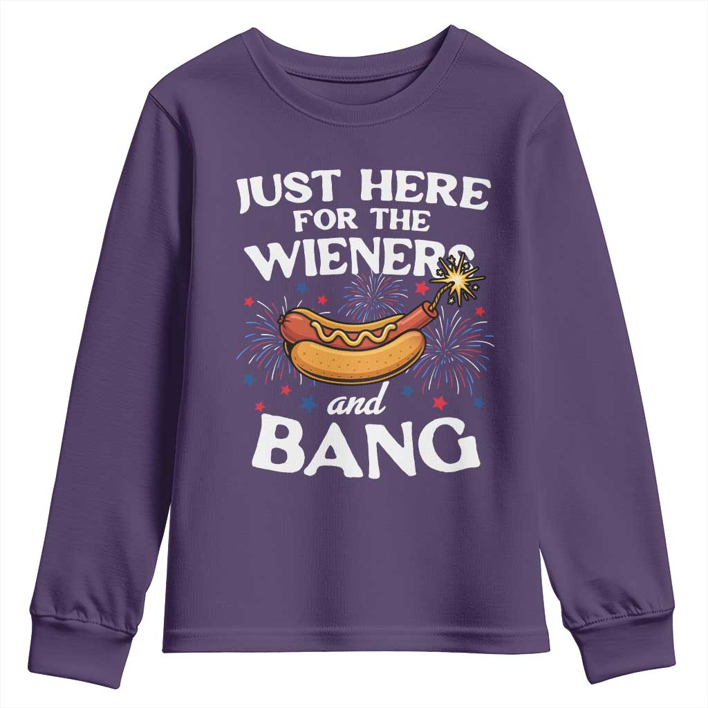 Funny Just Here For The Wieners And Bang Youth Sweatshirt 4th Of July Hot Dog Lover Fireworks - Wonder Print Shop