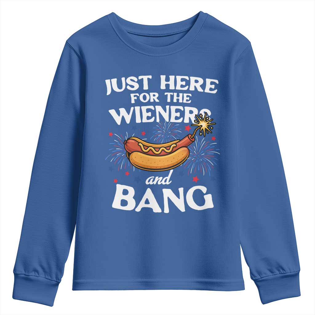 Funny Just Here For The Wieners And Bang Youth Sweatshirt 4th Of July Hot Dog Lover Fireworks - Wonder Print Shop