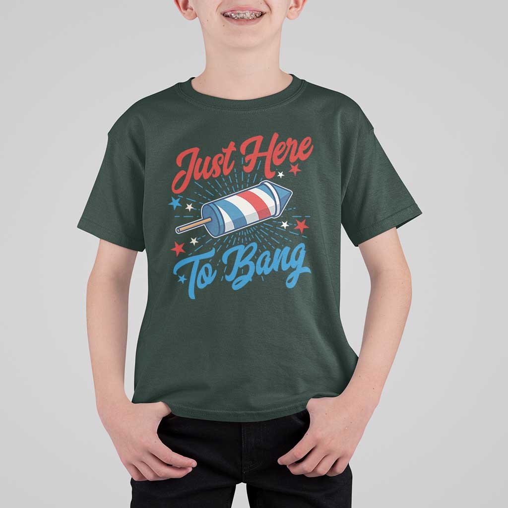 Funny Fireworks Just Here To Bang T Shirt For Kid American Flag Firecracker Rocket - Wonder Print Shop