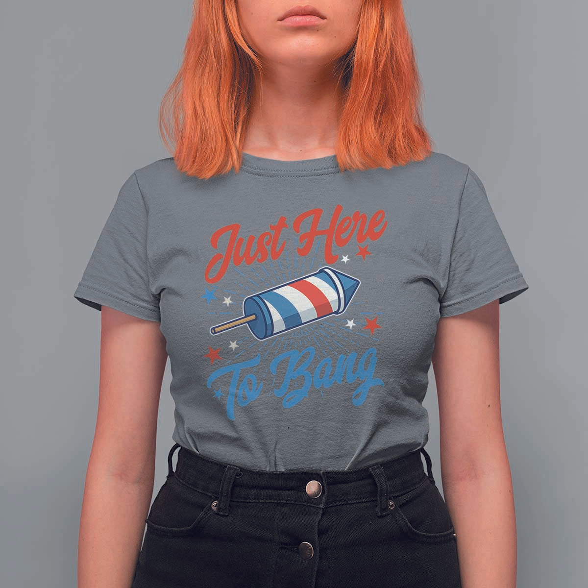 Funny Fireworks Just Here To Bang T Shirt For Women American Flag Firecracker Rocket - Wonder Print Shop