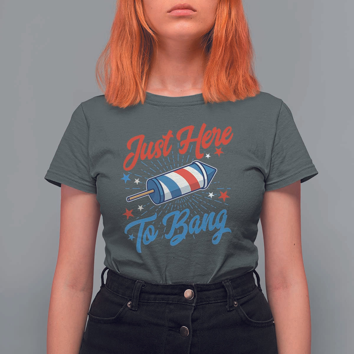 Funny Fireworks Just Here To Bang T Shirt For Women American Flag Firecracker Rocket - Wonder Print Shop