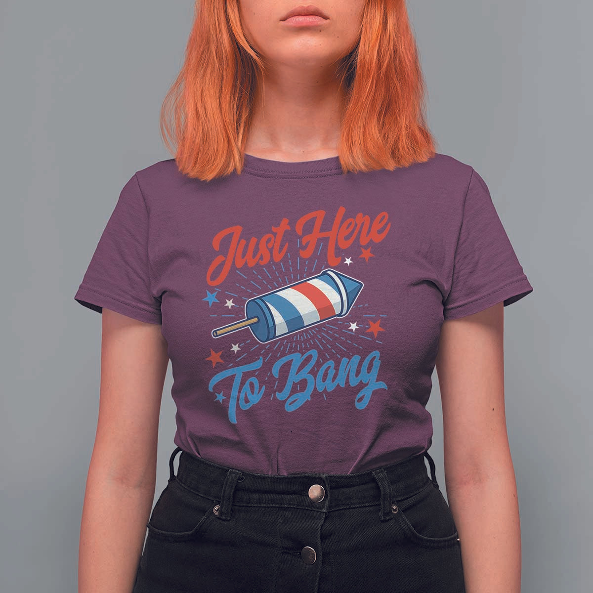 Funny Fireworks Just Here To Bang T Shirt For Women American Flag Firecracker Rocket - Wonder Print Shop