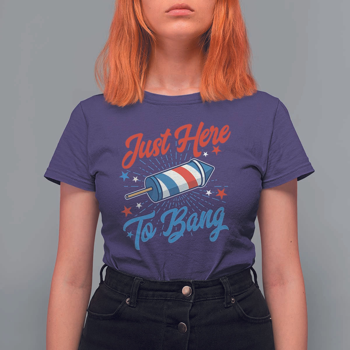 Funny Fireworks Just Here To Bang T Shirt For Women American Flag Firecracker Rocket - Wonder Print Shop