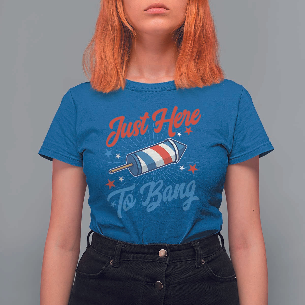 Funny Fireworks Just Here To Bang T Shirt For Women American Flag Firecracker Rocket - Wonder Print Shop