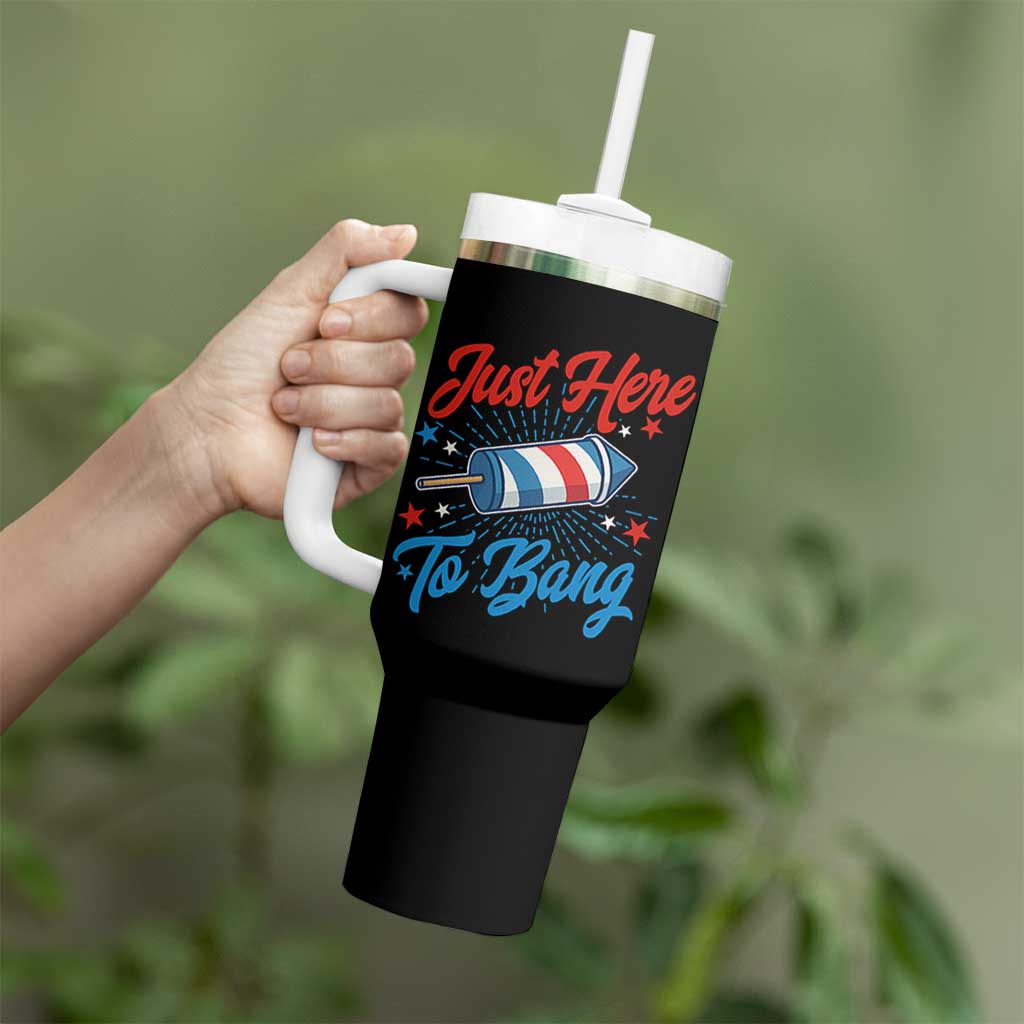 Funny Fireworks Just Here To Bang Tumbler With Handle American Flag Firecracker Rocket - Wonder Print Shop