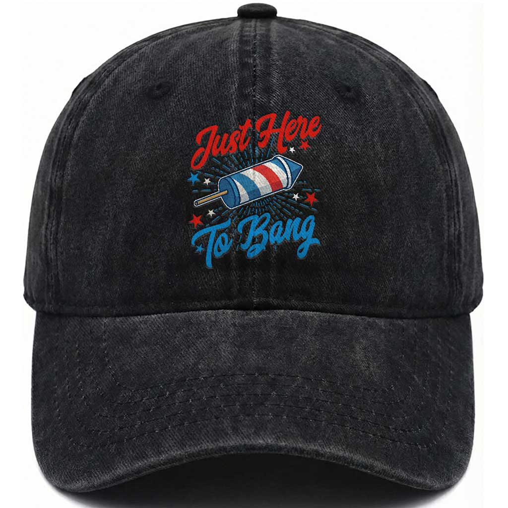 Funny Fireworks Just Here To Bang Washed Cotton Baseball Cap American Flag Firecracker Rocket
