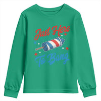 Funny Fireworks Just Here To Bang Youth Sweatshirt American Flag Firecracker Rocket - Wonder Print Shop