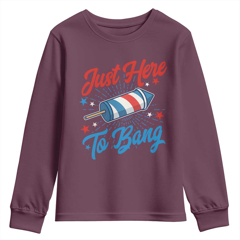 Funny Fireworks Just Here To Bang Youth Sweatshirt American Flag Firecracker Rocket - Wonder Print Shop